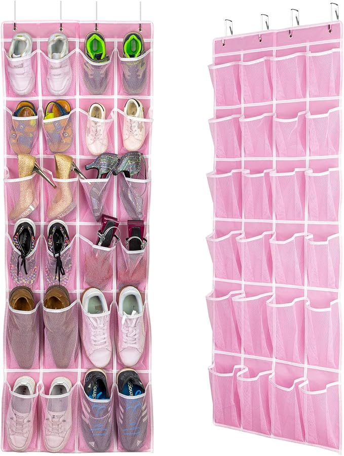 Hanging Shoe Organizer 2Pack, Over The Door Shoe Rack with 24 Mesh Pockets - Pink (2pack), Size: 58x21 Inch
