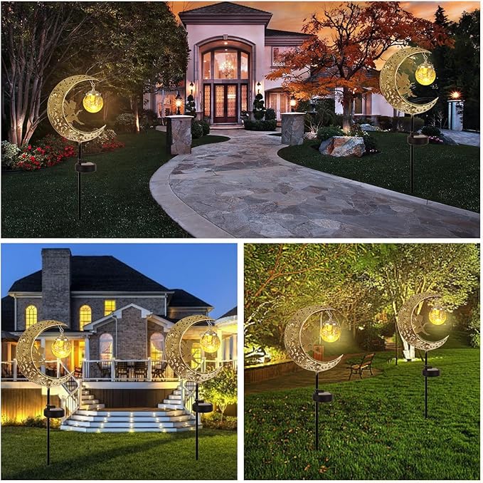 Solar Lights Outdoor Waterproof Fairy Moon Crackle Glass Lights with Metal Angel Decor for Walkway Yard Patio or Garden Gifts for Mom Grandma Friends