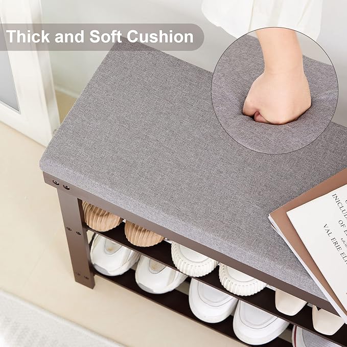 Apicizon 3-Tier Shoe Rack for Entryway, Bamboo Shoe Bench with Cushion Padded Seat, Small Shoe Organizer with Storage for Indoor Entrance Hallway Bedroom Living Room, Brown