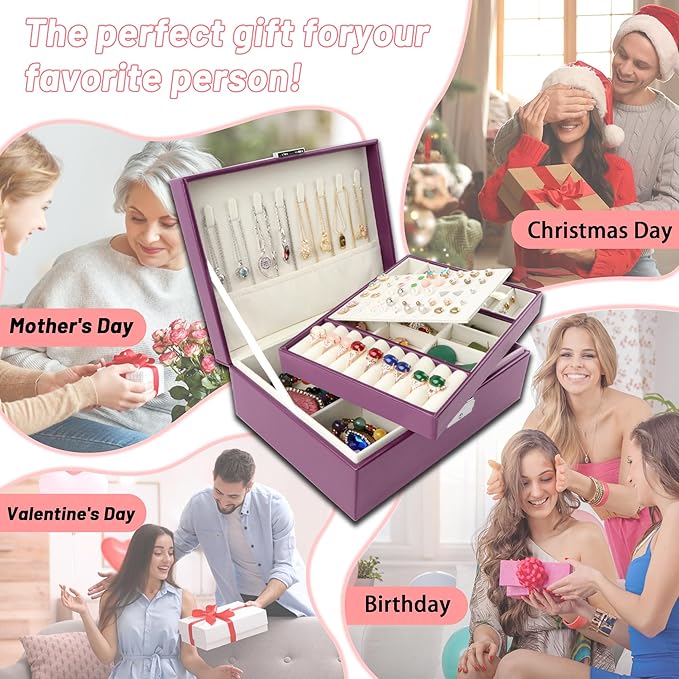 Homeanda Jewelry box 2 layer Jewelry box Leather Jewelry boxes for Women Girls Teens Jewelry organizer box Jewelry Storage box with lock(Purple)