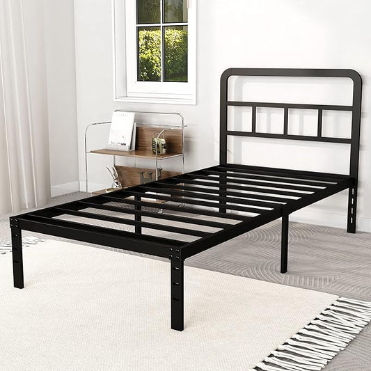 Metal Platform Twin Bed Frames with Headboard, 14 Inch No Box Spring Needed Heavy Duty Steel Slat Mattress Foundation/Easy Assembly/Noise Free/Black