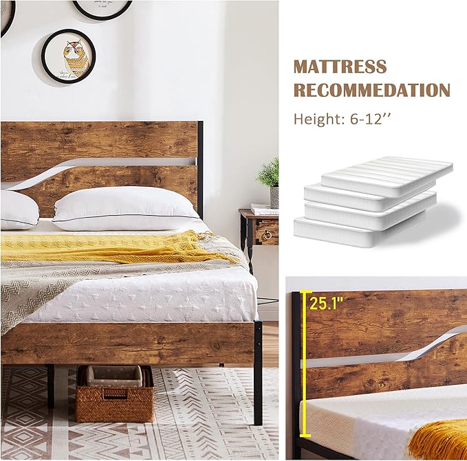 VECELO Queen Size Bed Frame with Headboard Wood, Solid and Strong Metal Platform Support, No Box Spring Needed