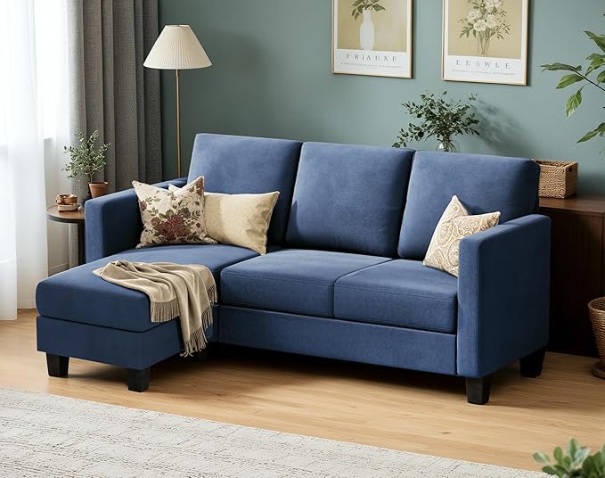 VICTONE Convertible Sectional Sofa Couch, 3 Seat L-Shaped Sofa with Linen Fabric Ottoman Small Couch for Small Apartments, Living Room and Office (Linen Fabric, Blue)