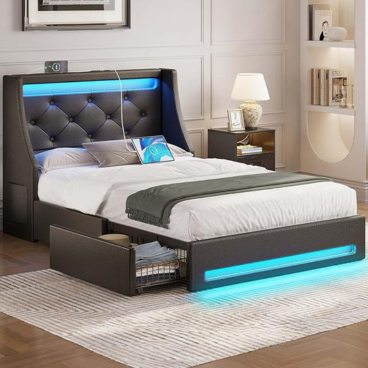 Rolanstar Twin Bed Frame with LED Lights and Charging Station, PU Leather Bed with Drawers, Wooden Slats, Noise Free, Easy Assembly, Black