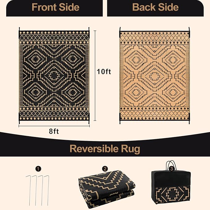 Wonnitar 8x10 Outdoor Rug, Large Waterproof Reversible Outdoor Patio Area Rug, Indoor/Outdoor Plastic Straw Portable Camping Rug for Outside RV Balcony Garden Deck (Black & Brown,8'x10')