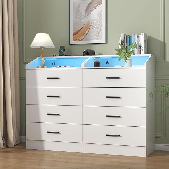 4 Drawers Dresser with Power Outlet, Chest of Drawers with LED Light, White Dresser Organizer with Open Storage Cubby, Modern Nightshatnd for Bedroom, Living Room, Entryway, Hallway