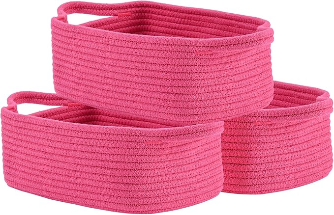 KALLAX Small Woven Basket, 12 x 8 x 4.5 Inches, Small Storage Baskets for Organizing, Gift Baskets Empty, Cute Rope Shelf Closet Storage Bins for Shelves, Dog Toy Basket, 3 Packs, Hot Pink