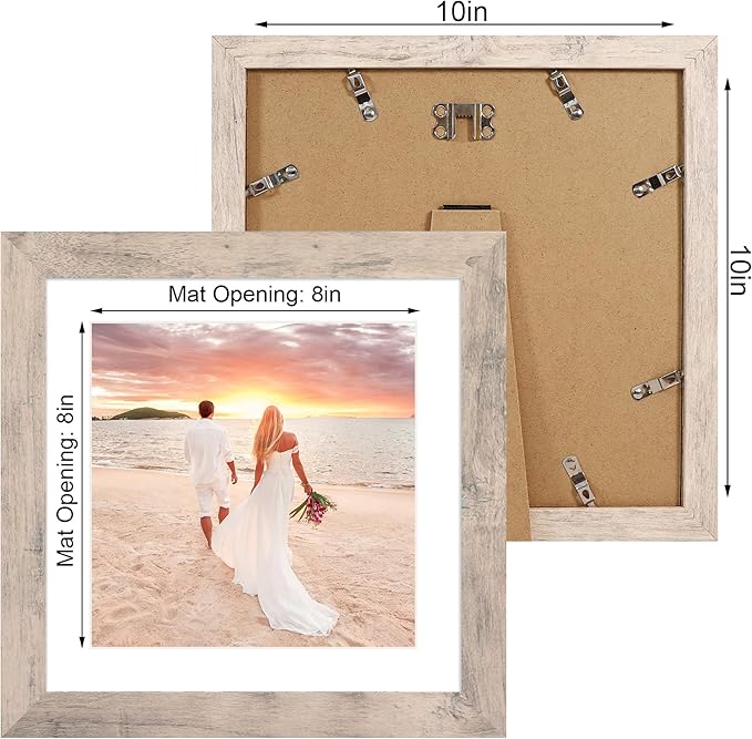 10x10 Picture Frame Set of 4 with High Definition Glass, Smoke Gray Frames Display 8x8 Picture with Mat or 10 x 10 Without Mat, Wood Square Photo Frame for Wall Mount and Tabletop Display