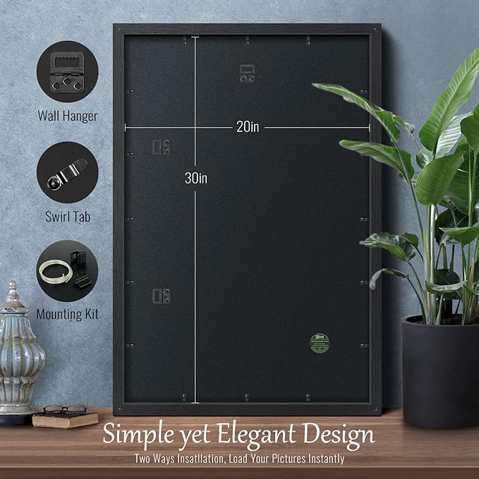 VCK 20x30 Poster Frame Set of 4 - Black, Gallery-Quality Wood Picture Frames, 1.1-Inch Wide Border, Polished Plexiglass, Vertical or Horizontal Wall Display for Photo/Art/Prints, Black