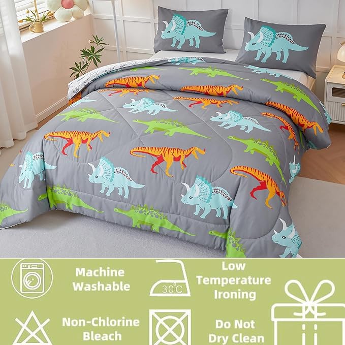 RYNGHIPY Dinosaur Kids Comforter Set Cartoon Dinosaur Bedding Sets for Boys 3 Pieces Twin Microfiber Comforter with Pillowcases Soft Lightweight (Dark Grey,Twin)