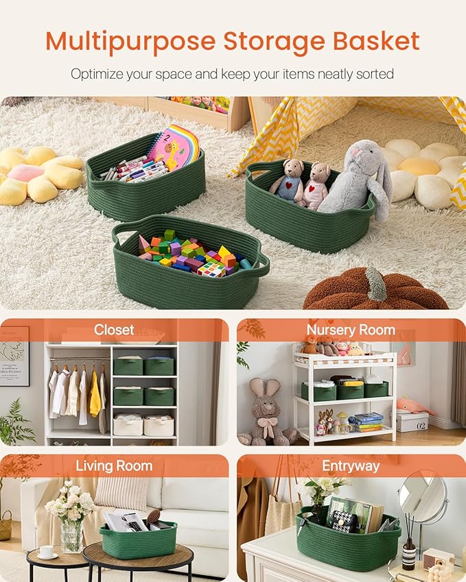 KALLAX Small Woven Basket, 14 x 10 x 5.6 Inches, Small Storage Baskets for Organizing, Gift Baskets Empty, Cute Rope Shelf Closet Storage Bins for Shelves, Dog Toy Basket, Green