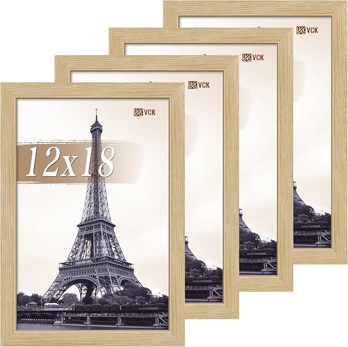 VCK 12x18 Poster Frame Set of 4 - Oak, Gallery-Quality Wood Picture Frames, 1.1-Inch Wide Border, Polished Plexiglass, Vertical or Horizontal Wall Display for Photo/Art/Prints, Natural Oak