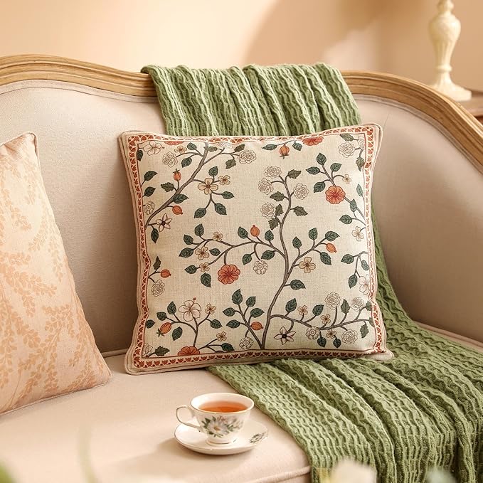 Design Linen Classic Throw Pillow Covers 18"x18" Pack of 2, French Farmhouse Square Cushion Covers with Orange White Floral Pattern Decoration Pillowcases for Bed,Living Room,Outdoor,Car