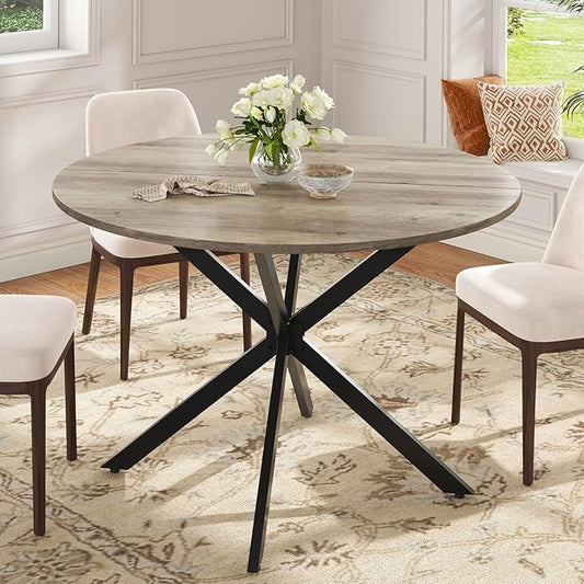 Unovivy 47" Round Dining Table for 4-6, Space Saving Circle Kitchen Dinner Table, Industrial Mid Century Modern Dining Room Desk for Kitchen, Apartment, Light Ivory