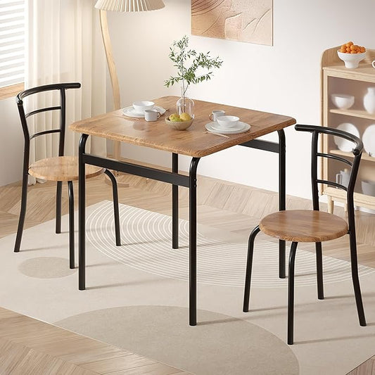 VECELO 3 Piece Dining Table & Chairs Set for 2, Metal and Wooden Square Kitchen Dinette Set for Small Space, Breakfast Nook, Saving Space, Brown