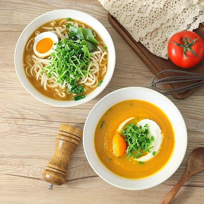 Hasense Ceramic Serving Bowls, 8.3 Inch Large Soup Bowls for Kitchen, 60 Ounces Salad Bowls for Fruit, Ramen, Pasta, Pho, Microwave Dishwasher Safe, Set of 2, Clay-Infused White