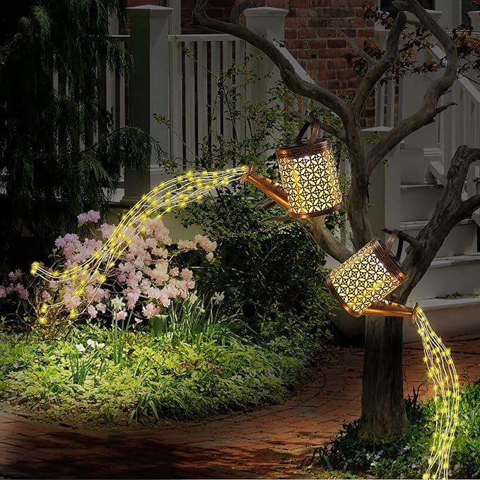 Solar Watering Can with Lights, Outdoor Solar Garden Light,Garden Decor, Outdoor Decorative Solar Powered,Hanging Lantern Waterproof,Metal Solar Waterfall Lights for Yard Patio