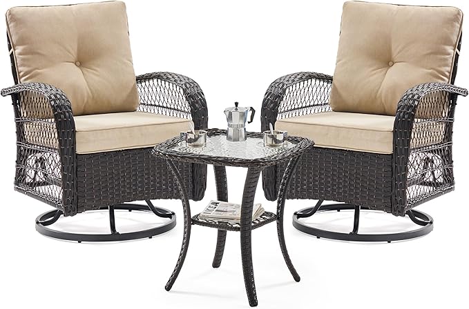 UDPATIO 3 Pieces Patio Furniture Set, Outdoor Swivel Rocker Patio Chairs Set of 2, All-Weather PE Wicker Glider Chairs with Thick Cushions and Glass Coffee Table,for Porch Deck Backyard Khaki