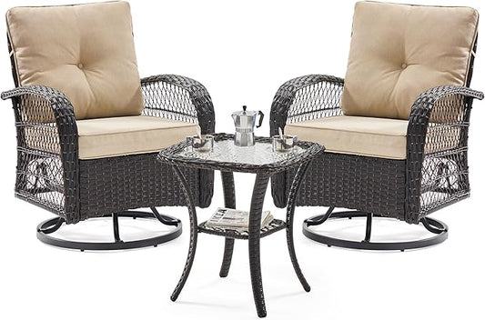 UDPATIO 3 Pieces Patio Furniture Set, Outdoor Swivel Rocker Patio Chairs Set of 2, All-Weather PE Wicker Glider Chairs with Thick Cushions and Glass Coffee Table,for Porch Deck Backyard Khaki