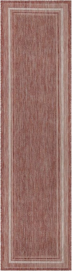 Unique Loom Outdoor Border Collection Area Rug - Soft Border (2' 7" x 10' Runner, Rust Red/ Ivory)