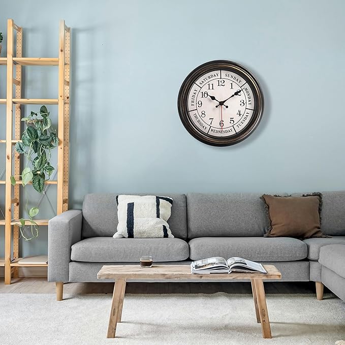 zyzamay 12 Inch Retro Wall Clock,Classic Day of The Week Wall Clock,Easy to Read,Non-Ticking Round Classic(Black Gold)