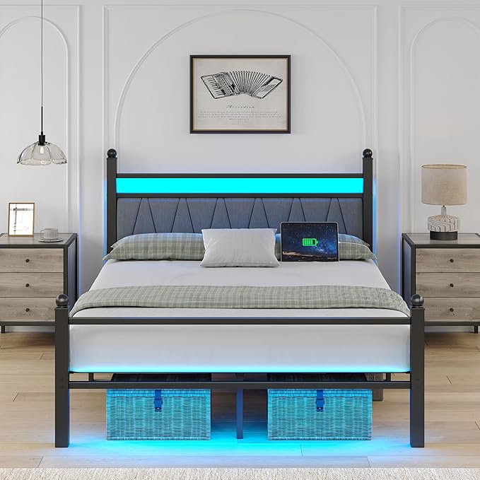 Full Bed Frame with Smart LED Lights, Storage Headboard and USB Charging Station,Heavy Duty Wooden Slats, No Box Spring Needed, Noise Free, Easy Assembly (Modern Black, Full)