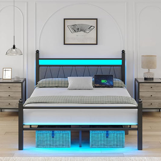 Full Bed Frame with Smart LED Lights, Storage Headboard and USB Charging Station,Heavy Duty Wooden Slats, No Box Spring Needed, Noise Free, Easy Assembly (Modern Black, Full)