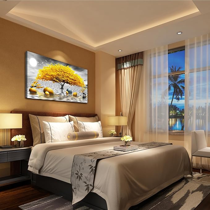 Wapluam Black And White Wall Art - Framed Canvas Wall Decor For Living Room, Office, Bedroom - Large Artwork - 20" X 40" - Yellow Tree View