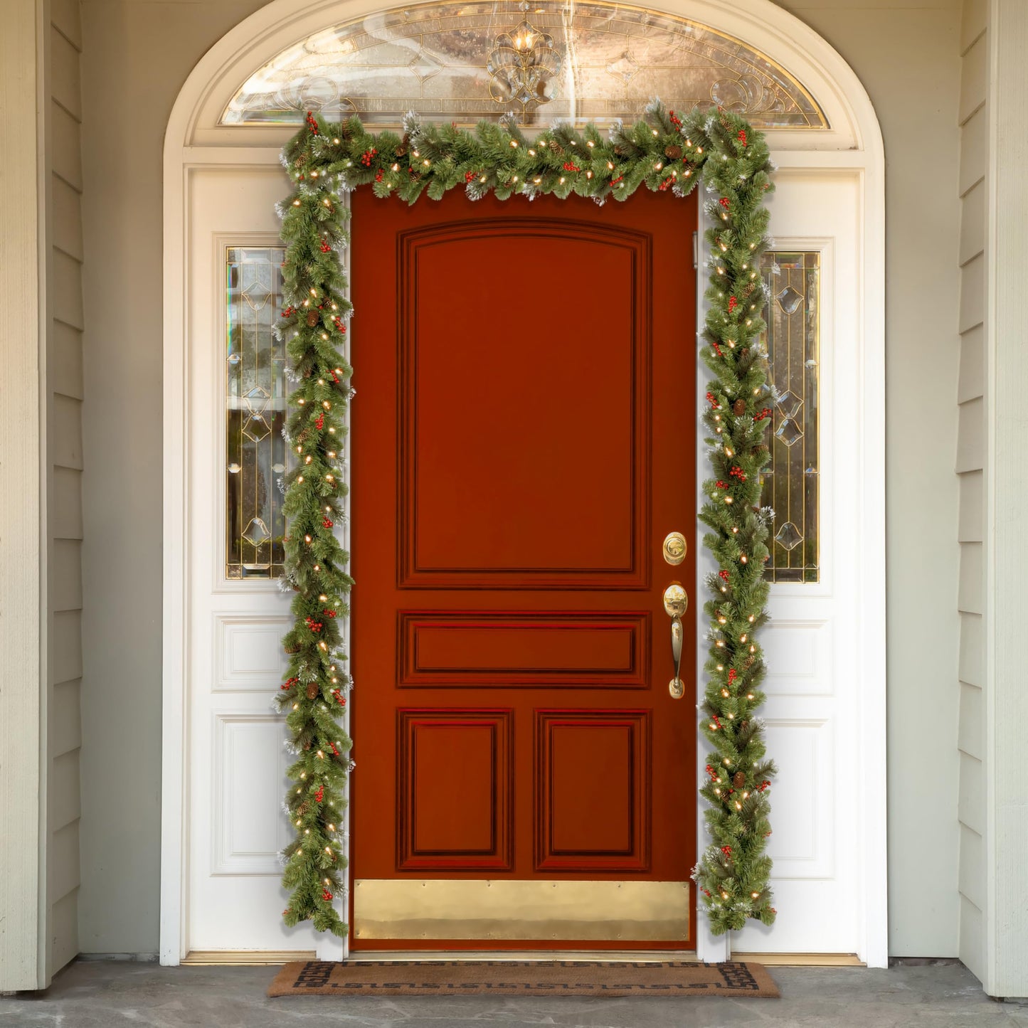 National Tree Company Pre-Lit Artificial Christmas Garland, Green, Crestwood Spruce, White Lights, Decorated with Glitter, Pinecones, Berry Clusters, Battery Operated, Christmas Collection, 9 Feet