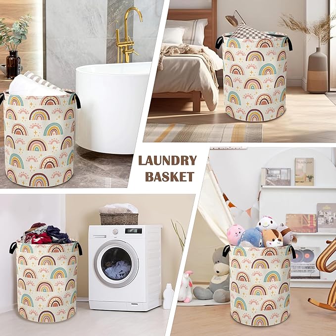 Boho Rainbows Laundry Basket,Stars Sparkles Collapsible Laundry Baskets with Handles,Waterproof Oxford Cloth Storage Basket 16"x20" for Bathroom/Bedroom/Dormitories
