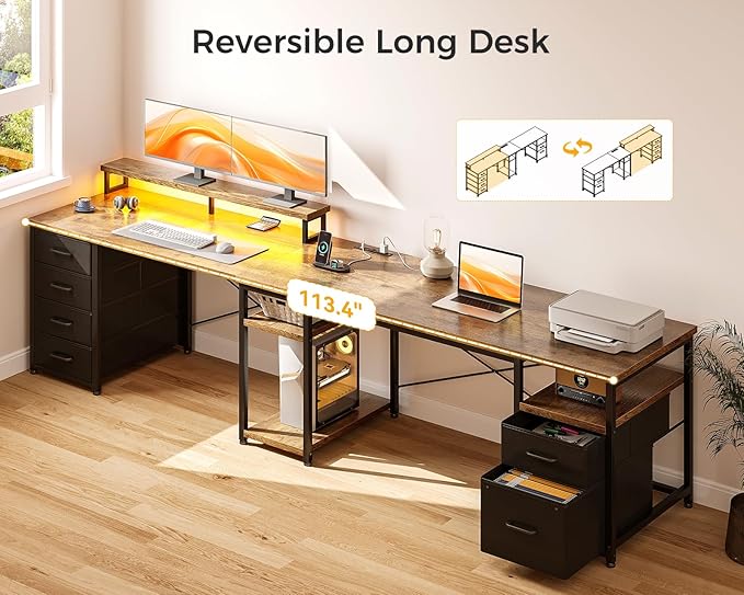 Casaottima 66" L Shaped Desk, Reversible Computer Desk with File Cabinet & 4 Fabric Drawers, Two Person Desk with LED Lights & Power Outlet, Corner Home Office Desk with Monitor Shelf, Vintage