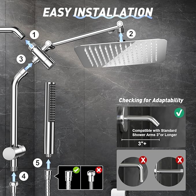 Veken Shower Head, 10'' Luxury All Metal Rain Shower Heads with Handheld Spray Combo, Hand Held Bathroom Combo with Adjustable Extension Arm, Bathroom Accessories, Dual Rainfall Showerhead Chrome