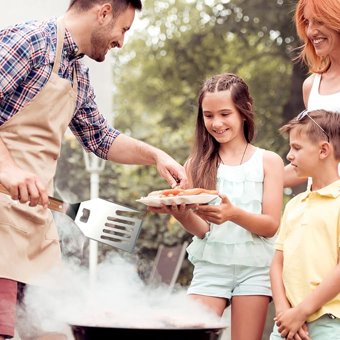 Heavy-Duty Grill Accessories BBQ Tool Sets Multi Functional Spatula with Knife Edge, Fork,Tongs, Bottle Opener Ash Wood Handle & Thick Stainless Steel Essential Accessories for Barbecue & Grill