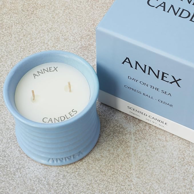 Scented Luxury Candles in Handmade Ceramic Jars, Soy Wax | Day On The Sea – Cypress & Cedar, Large Candle | Non Toxic, 2 Wicks, Reusable Big Blue Jar | Natural Spring Aromatherapy for Women & Men