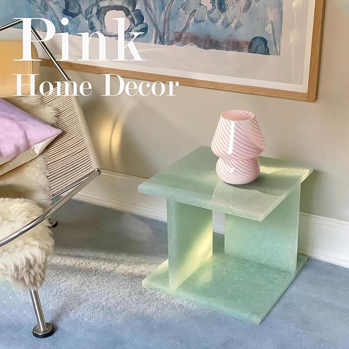 ONEWISH Mushroom Lamp-Small Bedside Table Lamp with Striped Glass, Nightstand Lamp for Bedroom, Living Room, Cafe, Bulb Included, Home Decor for Girls Women, Pink