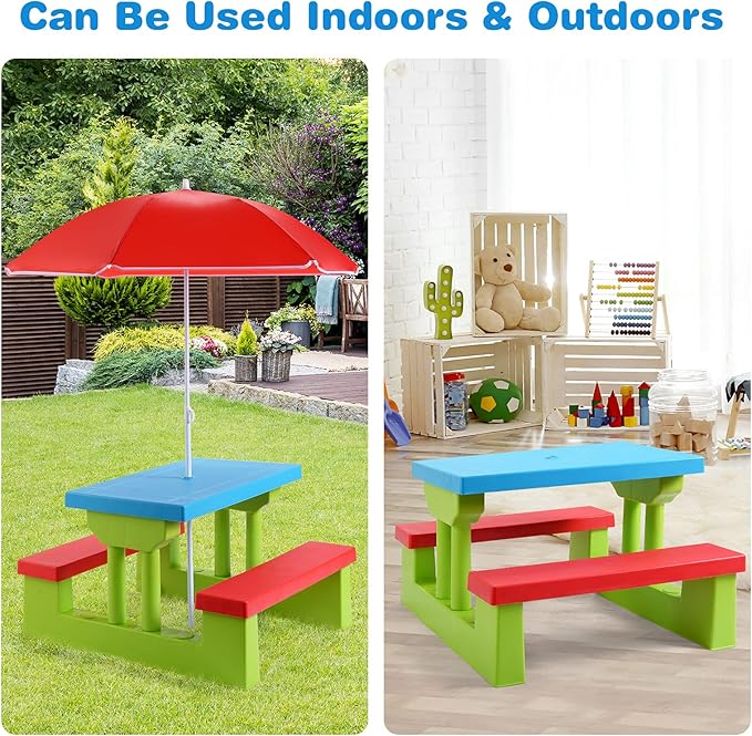 Costzon Kids Picnic Table, Indoor & Outdoor Plastic Table and Bench with Removable Umbrella, Portable Toddler Picnic Table and Chair Set for Garden, Backyard, Patio