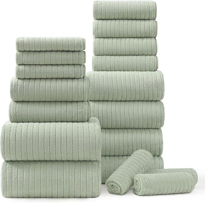 18 Piece Bath Towels Set,Super Soft Family Bathroom Towel Set with Hanging Loops-6 Bath Towels,6 Hand Towels,6 Washcloths,Highly Absorbent Quick Dry Shower Towel for Bathroom,Hotel,Spa-Green Towel Set