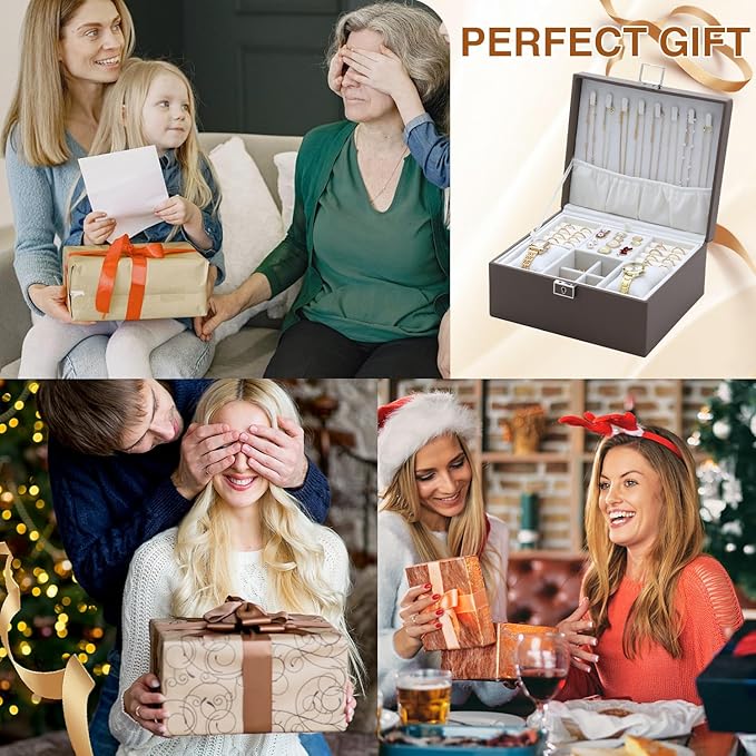 Jewelry Organizer Box for Girls Women,Large Genuine Leather Jewelry Organizers and Storage with Earring Holder Organizer Removable Velvet Jewelry Tray,Christmas Gifts for Mom,Grey