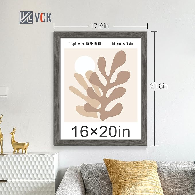 VCK 16x20 Picture Frame Set of 4 - Grey, Gallery-Quality Wood Poster Frames, 1.1-Inch Wide Border, Polished Plexiglass, Vertical or Horizontal Wall Display for Photo/Art/Prints, Grey