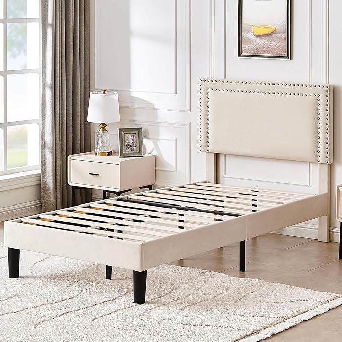 VECELO Twin Size Platform Bed Frame with Adjustable Upholstered Headboard, Nailhead Decor, Strong Wood Slat Support, No Box Spring Needed, Easy Assembly
