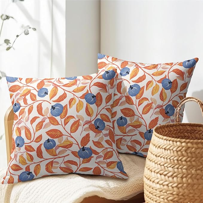 Kawani Fall Leaf Pumpkin Pillow Covers 24x24 Inch Seasonal Autumn Harvest Orange and Blue Outdoor Decorative Throw Pillows Set of 2 Thanksgiving Holiday Pillowcases for Couch Home Decor