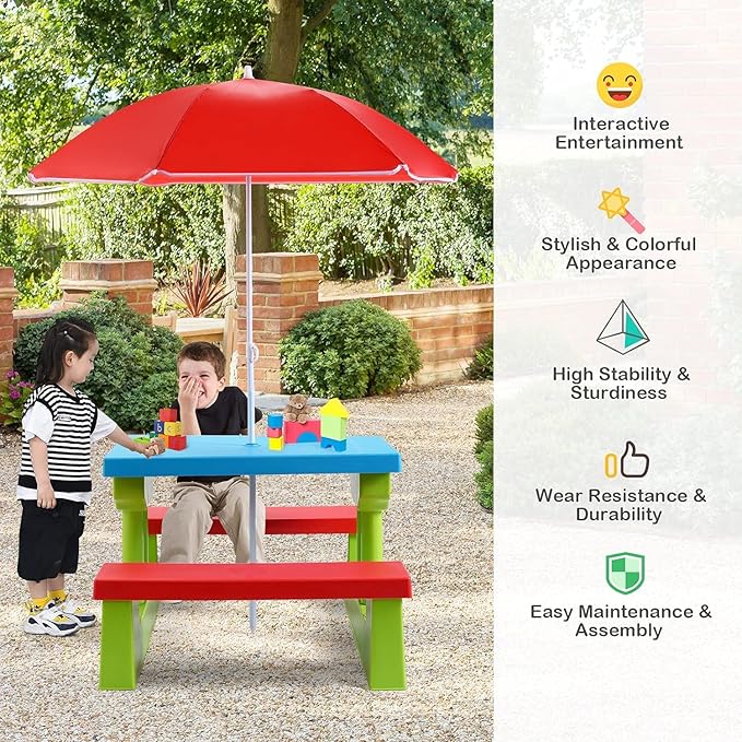 Kids Picnic Table, Toddler Picnic Table with Removable & Foldable Umbrella, Plastic Children Patio Furniture for Garden Backyard, Kids Outdoor Table, Red, Blue & Green