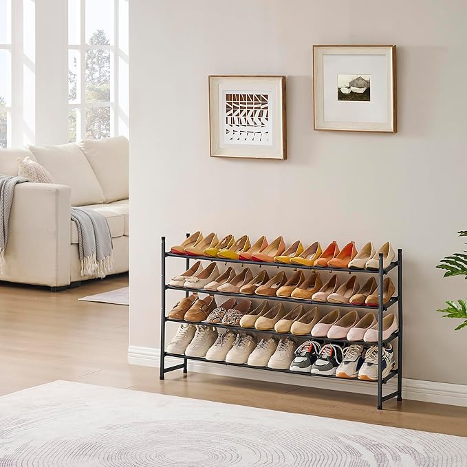 Tajsoon Expandable Shoe Rack for Closet 4 Tier, 29“-41“Adjustable & Stackable Shoe Shelf Storage, Metal Shoe Rack Organizer for Front Door Entrance, Closet, Garage, Entryway, Black