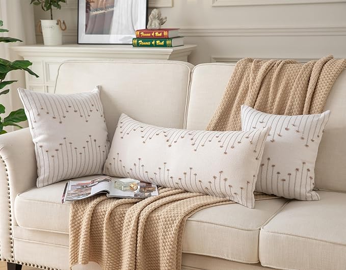 Caflife Boho Lumbar Pillow Cover 14x36 Long Pack of 1 Decorative Pillows Bed, Beige with Tan Body Throw Pillow Covers, for Modern Farmhouse Sofa Bedroom Living Room Home Decor Couch Pillowcase