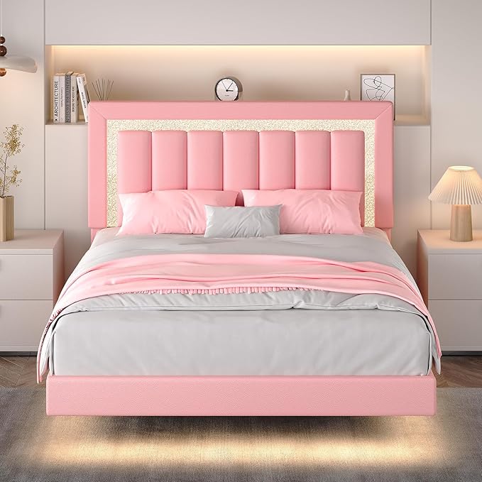 HOMBCK Floating Bed Frame Queen with Smart LED Lights, Faux Leather Upholstered Bed with Diamond PU Headboard, No Box Spring Needed, Noise-Free, Easy Assembly, Pink