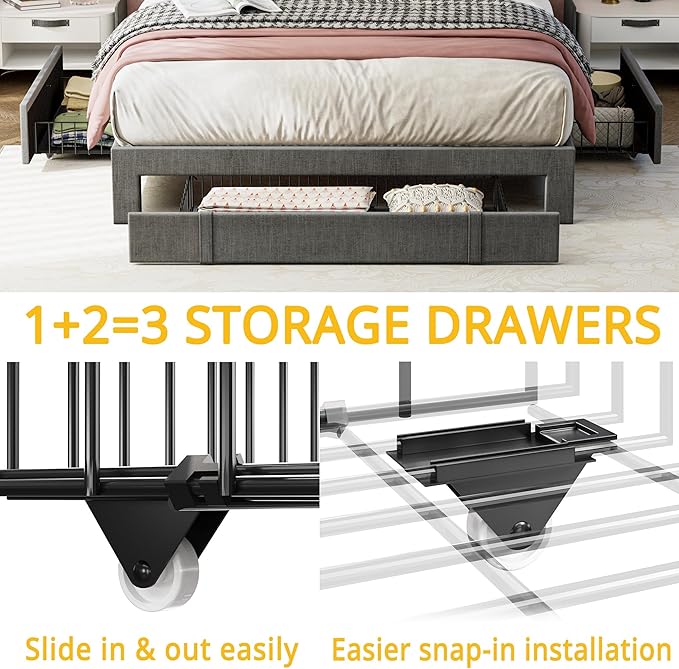 ANCTOR Full Size Bed Frame with 3 Drawers, Upholstered Platform Bed with Storage Headboard and Charging Station, No Box Spring Needed, Easy Assembly, Grey