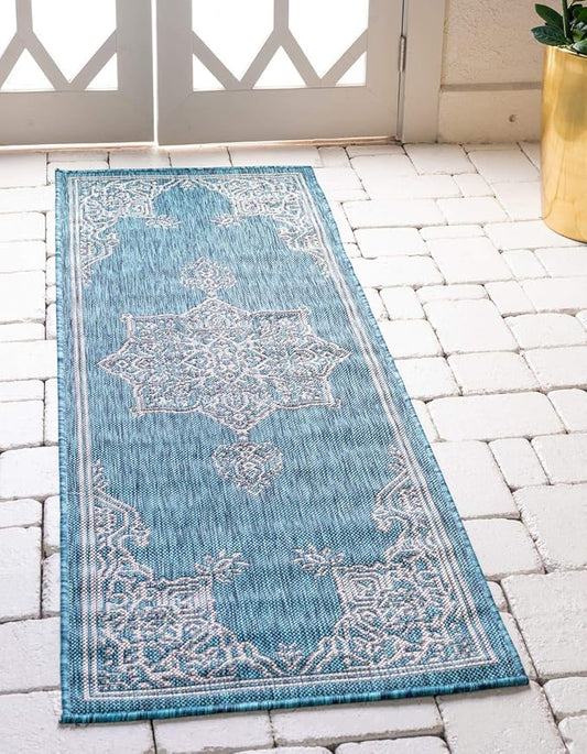 Unique Loom Outdoor Traditional Collection Area Rug - Antique (2' x 6' 1" Runner, Teal/ Gray)