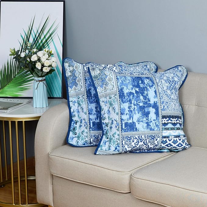 NEWLAKE Blue Classic Bohemian Style Cotton Throw Pillow Covers (2 Pieces, 18X18 Inch)