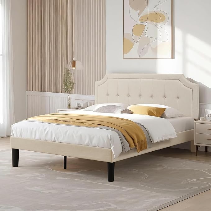 VECELO Queen Upholstered Platform Bed Frame with Adjustable Button Stitched Panel Headboard,Strong Wood Slat Support,Velcro Design,Mattress Foundation/Easy Assembly,Beige