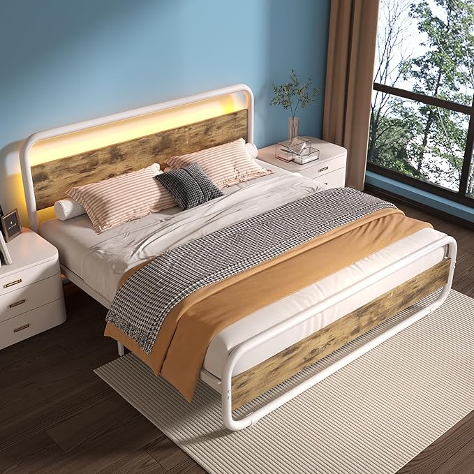 Catrimown King Size Bed Frame, Metal King Bed Frame with LED Headboard, Rustic Industrial Heavy Duty Wooden Platform Bed Frame with Under Bed Storage, Noise Free, No Box Spring Needed, White